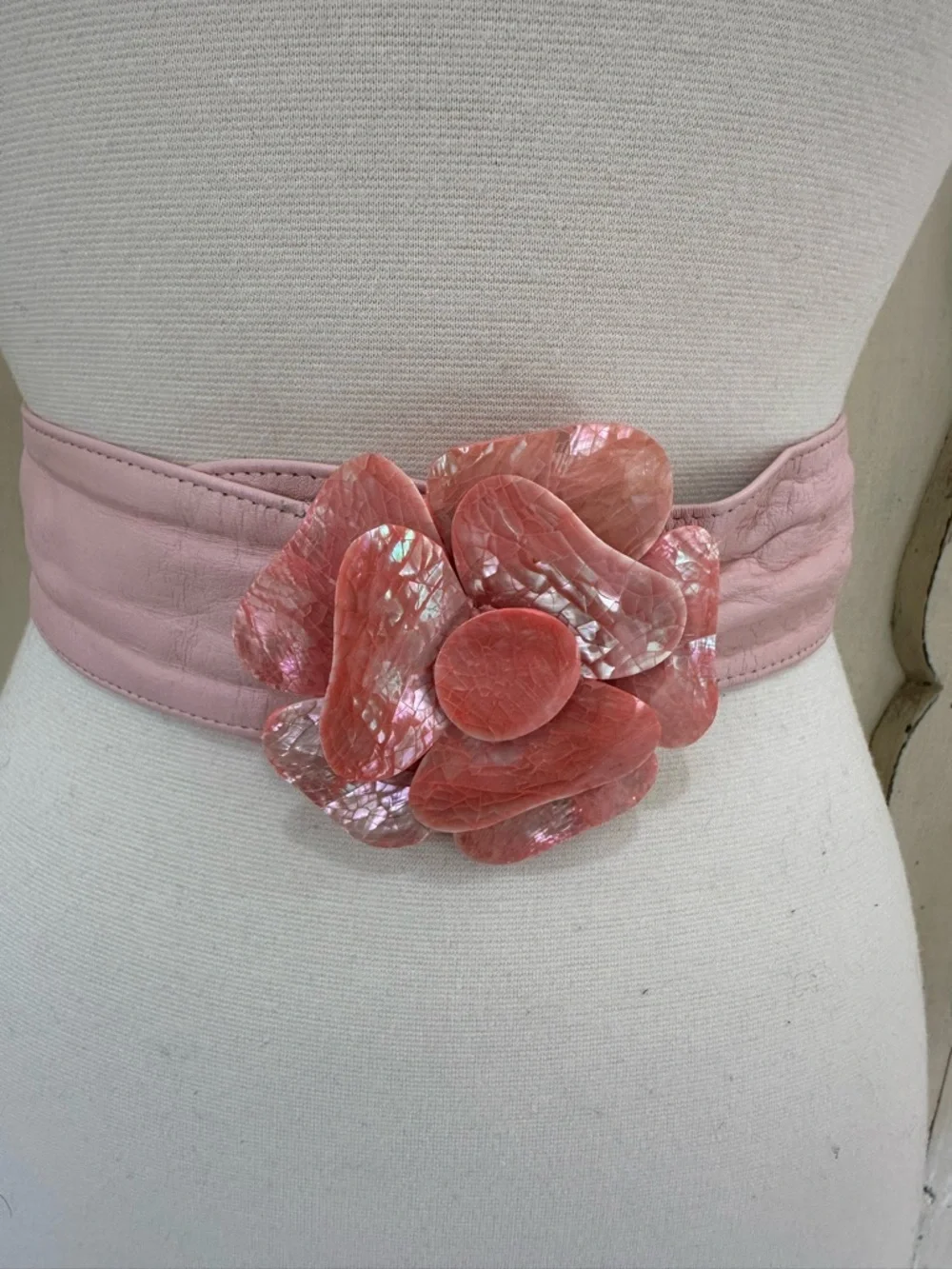 80s 90s Vintage Women's Pink Leather Belt with Pink Flower Buckle
